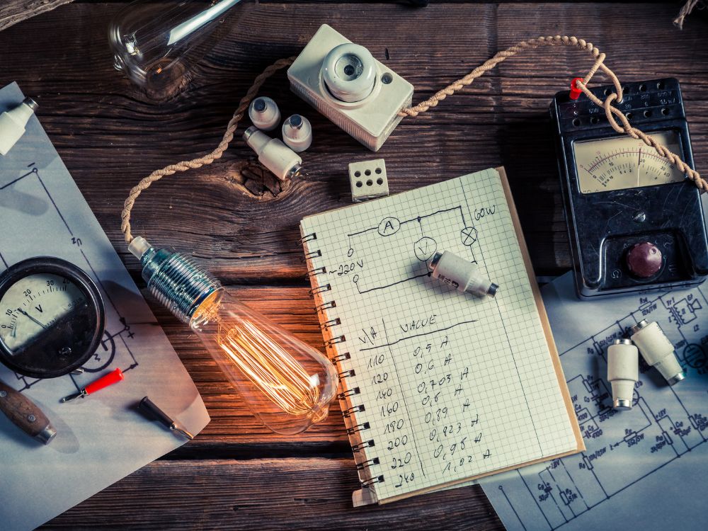 Mesa com lâmpada, multímetro, componentes elétricos e caderno com esquema de circuito, representando estudo e aplicação da física na eletricidade.